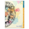 Kladde DIN A4 mit farbenfrohem Lion-Design auf dem Umschlag, Rückansicht.
