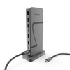USB-C Dockingstation mit mehrere Anschlüssen, auf einem Standfuß abgebildet.