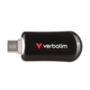 USB-Stick in schwarzem Design mit 64GB Speicher und Logo von Verbatim.