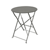Runde, faltbare Tischplatte in Anthrazit auf einem schwarzen, X-förmigen Gestell.