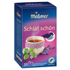 Packung mit Kräutertee "Schlaf schön" von Meßmer, zeigt das Produkt und eine Tasse mit Tee.