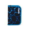 Schwarzes Federmäppchen mit blauer Kante und Muster in Form von Blasen oder Steinen.