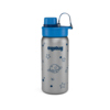 Aluminium-Trinkflasche mit blauer Kappe und Sternen- sowie Planetenmotiv.