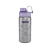 Trinkflasche mit Schmetterlingsmotiven in Silber und lila, mit Schraubverschluss.
