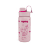 Rosa Trinkflasche mit Einhornmotiv und grauen Wolken auf einer weißen Hintergrund.
