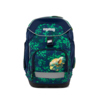 Schulranzen mit grün-blauem Blattmuster und orangefarbenem Drachenmotiv, frontale Ansicht.