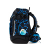 Schulranzen in schwarzem Design mit blauen Muster und seitlichem Tiermotiv, seitliche Ansicht.