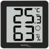 Schwarzes digitales Thermometer mit Raumtemperatur- und Luftfeuchtigkeitsanzeige.