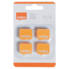 Vier orangefarbene Nobo-Magnete in Sprechblasenform auf einer Verpackung.