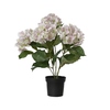 Kunstpflanze Hortensie in hellrosa mit grünen Blättern, im schwarzen Topf.