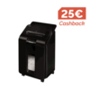 Schwarzer Aktenvernichter mit herausziehbarem Müllbehälter und Cashback-Hinweis.