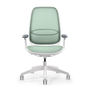 Bürodrehstuhl in grün/weiß mit luftdurchlässiger Strickmembran und höhenverstellbarer Rückenlehne.