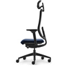 Bürodrehstuhl mit Kopfstütze und blauem Sitzpolster, seitliche Ansicht, auf einem Rollengestell.