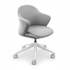 Hellgrauer Bürodrehstuhl mit armlehnen, 360° drehbar und auf einem weißen Fußgestell.