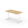 Höhenverstellbarer Schreibtisch in Eiche hell mit weißem Gestell und seitlichem Handschalter.