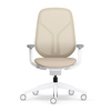 Bürodrehstuhl in cremefarbenem Bezug und weißem Gestell, ohne Kopfstütze und mit Armlehnen.