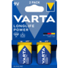 Zwei 9V Batterien in einer Verpackung mit blauer und gelber Farbgestaltung.