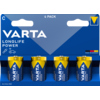 Varta Longlife Power C/Baby Batterien im 4er-Pack auf blauer Verpackung.