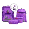 Lila Schulranzen mit Pferdemotiv, inklusive Turnbeutel und Zubehör.