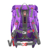 Rückansicht eines lila Schulranzens mit verstellbaren Gurten und reflektierenden Elementen.