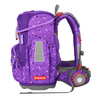 Lila Schulranzen mit Herzen, seitliche Ansicht, ausgestattet mit verschiedenen Taschen und Gurten.