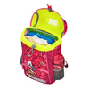 Offener Rucksack in Pink mit Füllung, inklusive Trinkflasche und Unterrichtsmaterialien.
