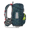 Seitenansicht eines blauen Schulranzens mit grünem Muster und ergonomischen Gurten.