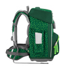 Seitenansicht eines grünen Schulranzens mit eingelegten Taschen und ergonomischen Gurten.