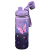 Edelstahl-Trinkflasche mit lila Butterfly-Motiv und Klappverschluss.