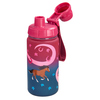 Pink-gestreifte Trinkflasche mit Pferdemotiv und Schraubverschluss auf weißem Hintergrund.