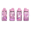 Lila Trinkflasche aus Tritan mit Einhornmotiven, verstellbarem Verschluss und Trageschlaufe.