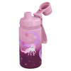 Rosa Trinkflasche aus Tritan mit Einhornmotiv und Schraubverschluss.