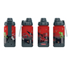Rote Trinkflasche aus Tritan mit verschiedenen farbigen Motiven und praktischem Deckelverschluss.