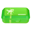 Grüne Brotzeitdose mit Dino-Motiv und Klickverschluss, geeignet für Snacks in der Schule.