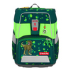 Neongrüner Ranzenüberzug mit reflektierenden Elementen und Dinosaurier-Dekor auf einem Schulranzen.