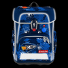 Blauer Schulranzen mit Raketenmotiv und reflektierenden Flächen, für Grundschulkinder geeignet.