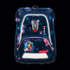 Schulranzen mit Meerjungfrauen-Motiv und reflektierenden Elementen vor schwarzem Hintergrund.