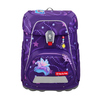 Lila Schulranzen mit Pferdemotiv, reflektierenden Elementen und Schulterträgern.