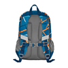 Rucksack mit stylishem Muster, Trageriemen und reflektierenden Elementen in Rückansicht.