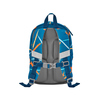 Rucksack in blauer Farbe mit reflektierenden Elementen und gepolstertem Trägersystem von hinten.