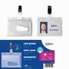 Transparenter Ausweishalter für ID-Karten mit Clip und Verpackung im Hintergrund.