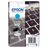 Epson Tintenpatrone 407 in cyan auf Verpackung, abgebildet vor einem Laptop mit Tastatur.