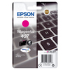 Epson Tintenpatrone 407 in Magenta auf Verpackung vor schwarzer Tastatur.