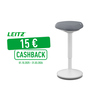 Helles graues Sitz-Steh-Hocker mit runder Basis und grünem Cashback-Symbol.