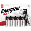 Vierpack Energizer Max Batterien mit Verpackung und einer cartoonartigen Figur im Hintergrund.