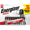 Packung mit 10 AAA/Batterien in einem Blister mit Grafiken und Informationen zur Haltbarkeit.