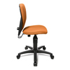 Seitenansicht eines orangefarbenen Kinderdrehstuhls mit verstellbarem Sitz und Rückenlehne.