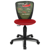 Kinderdrehstuhl mit ergonomischer Rückenlehne und rotem Sitz, dekoriert mit Fußballmotiven.