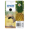 Schwarze Epson Tintenpatrone 604 in Originalverpackung mit Ananas-Hintergrund.
