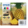 Epson Tintenpatronen 604XL in schwarz, cyan, magenta und gelb im Multipack neben Ananas.
